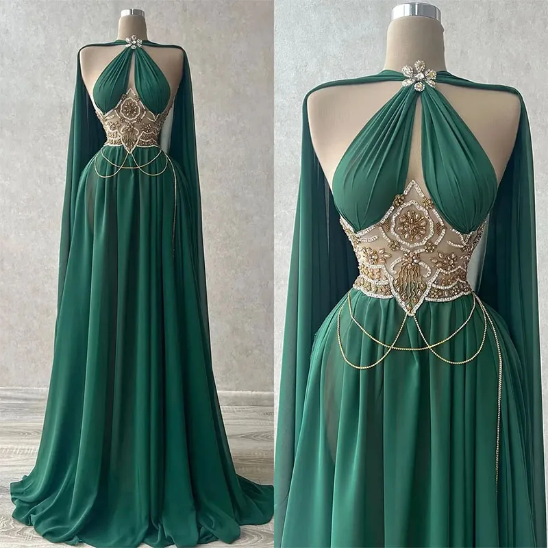 Luxe A-Line Vrouwen Avondjurken Met Wrap Halter Mouwloze Galajurken Kristallen Appliques Jurk Voor Feest Op Maat Gemaakt