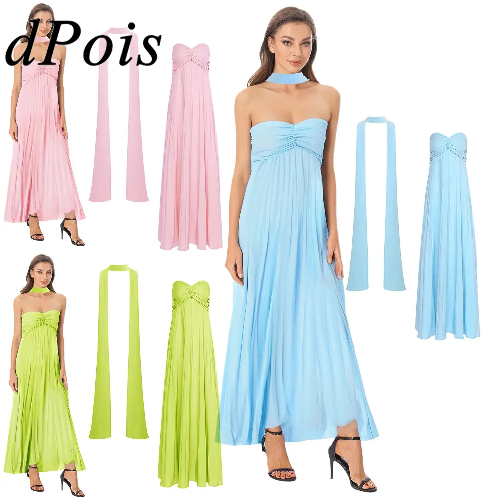

Sexy Strapless Dress Women Elegant Gown Sleeveless Party Dresses with Neck Scarf for Wedding Party Banquet Prom Long Sundress
