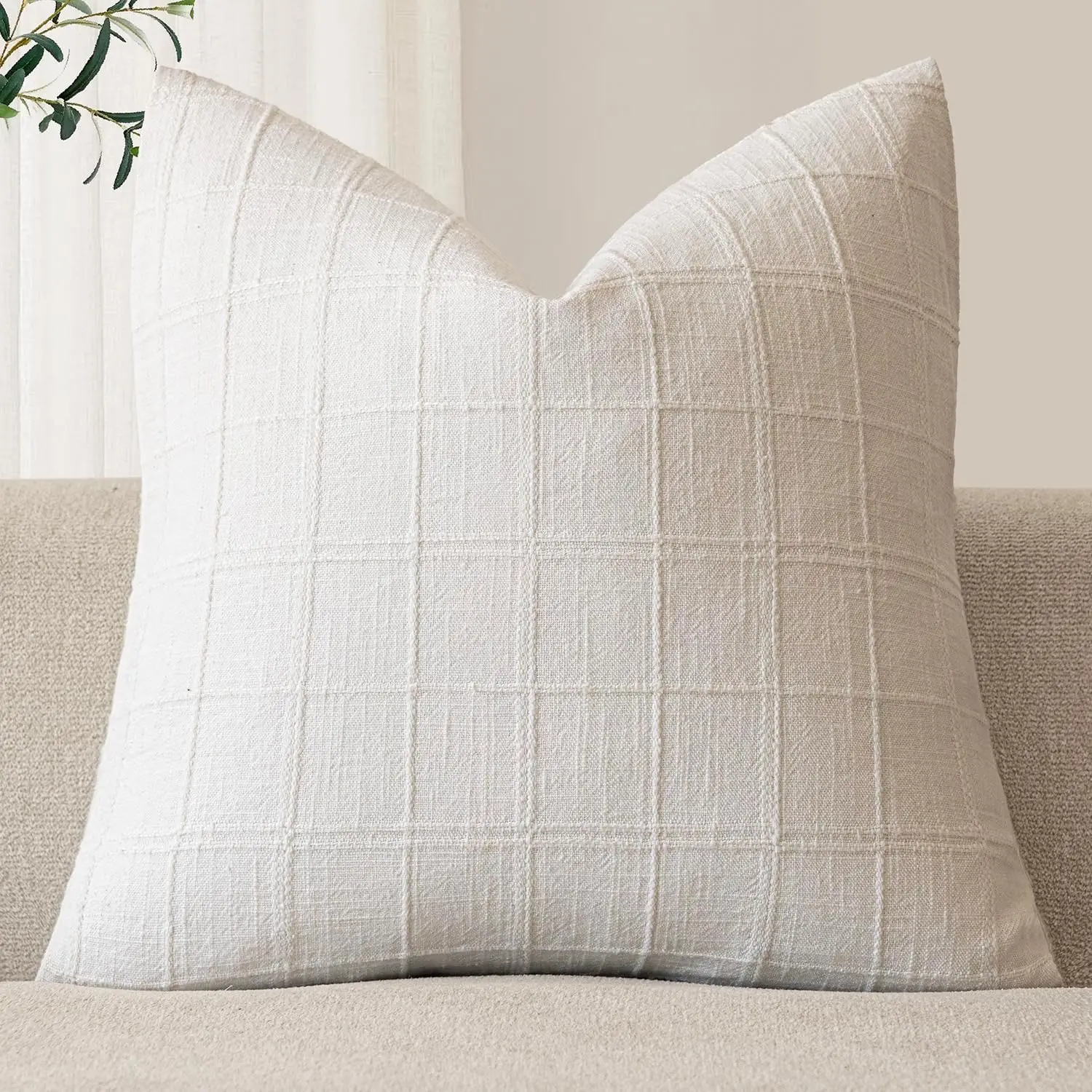 Vintage Farmhaus Karierte Kissenhülle Boho Weiß Leinen Neutral Kissenbezug für Zuhause Sofa Schlafzimmer 45x45CM Weiß