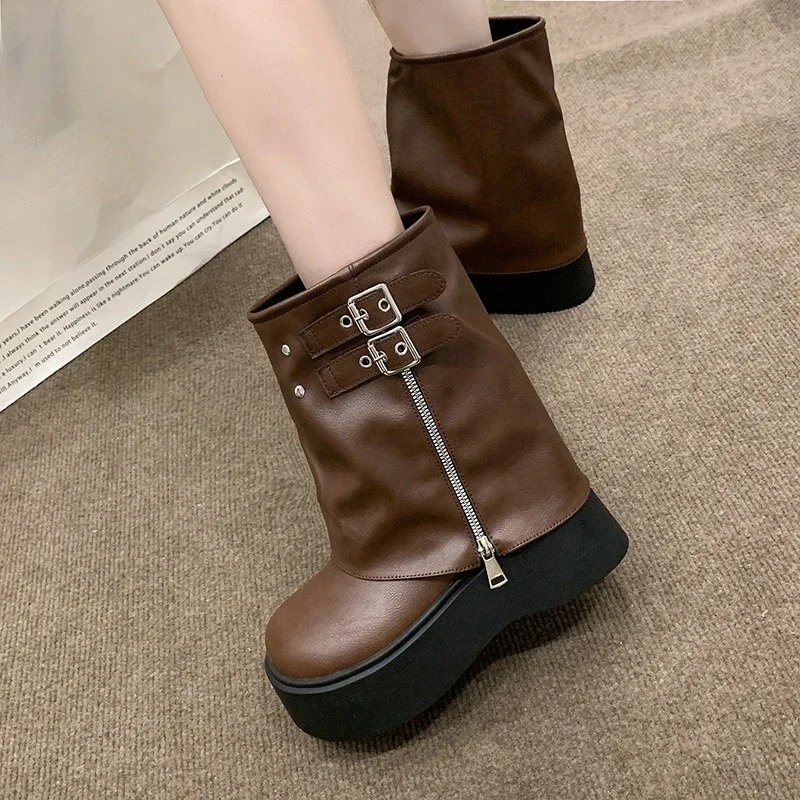 

Soft Leather Ankle Mid Calf Boots Winter Autumn High Platform Wedge British Booties Woman New Ladies Chunky Motorcycle Boots 9CM