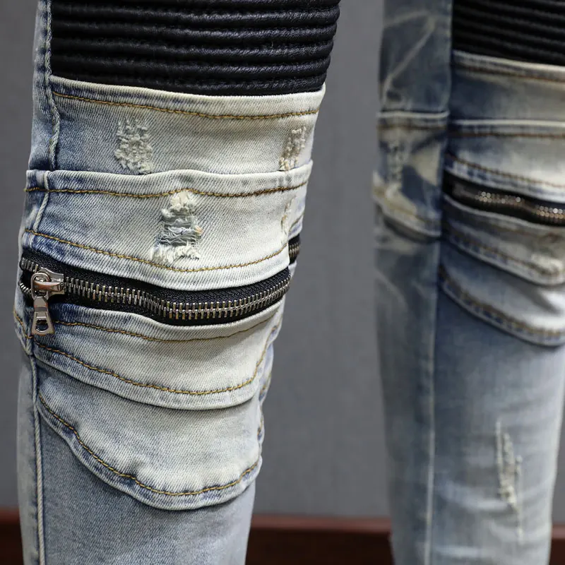 

Designer Fashion New Men's Jeans Zipper Decoration Water Washed Nostalgic Stretch Slim Fit Retro Light Blue Jeans High Stree