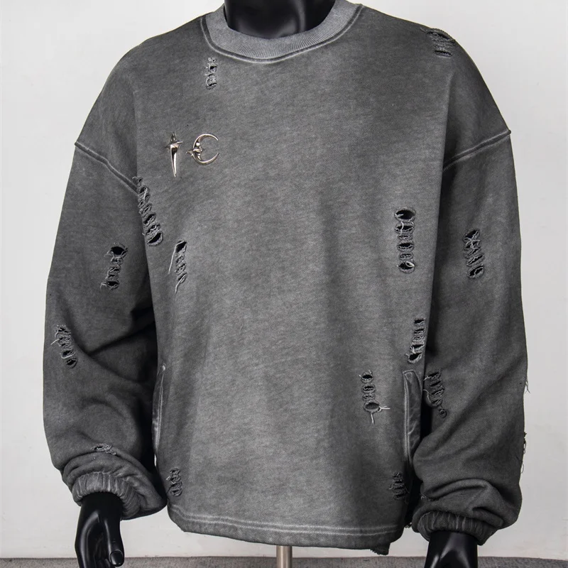 

High Street Oversized Ripped Thug Club Round Neck Sweatshirt Vintage Washed Gray Black White Best Quality Men Women Sweatshirt