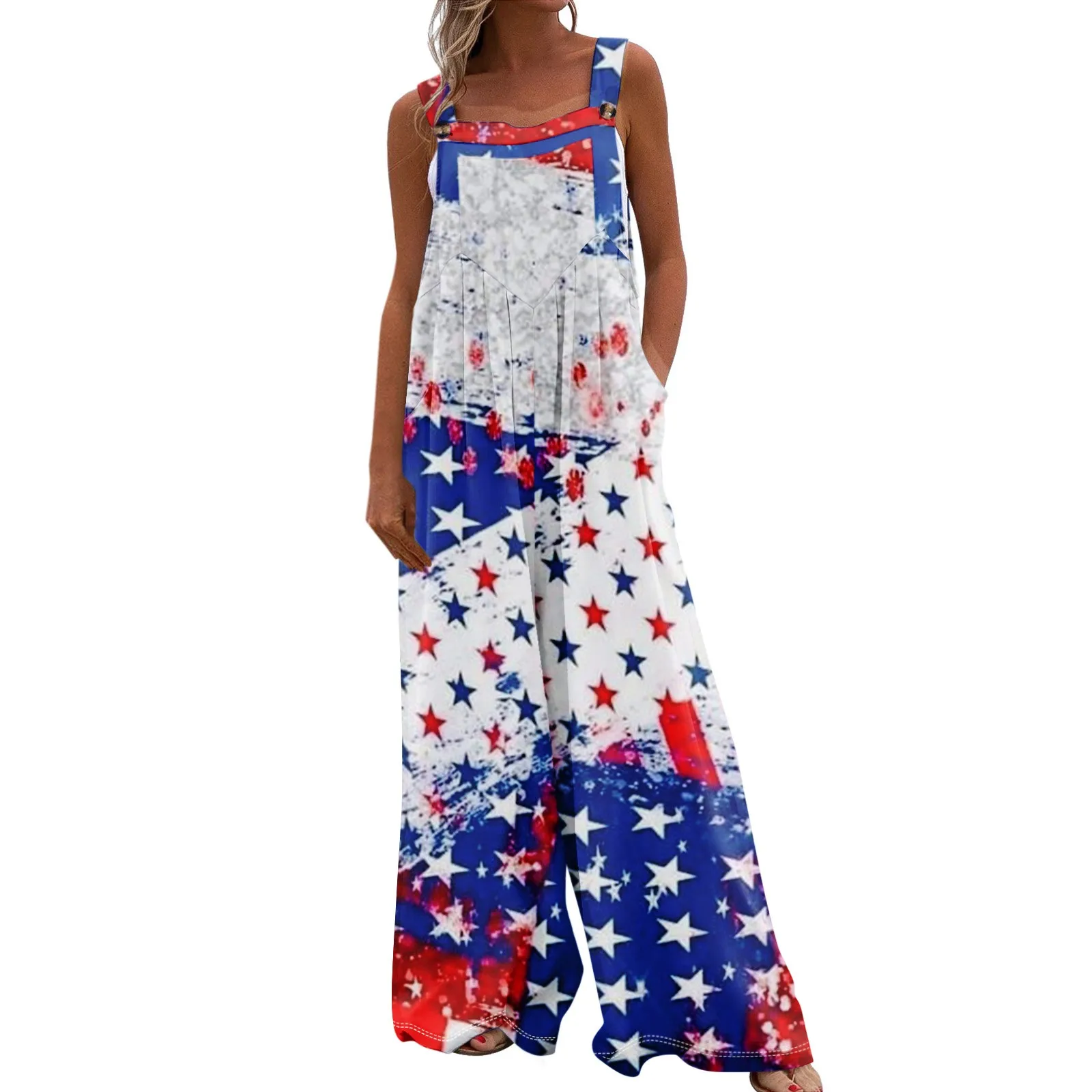 

Women Casual Jumpsuit Summer Loose Wide Leg Pants Independence Day Printed Bib Overalls Pocket Sleeveless Baggy Streetwear Rompe