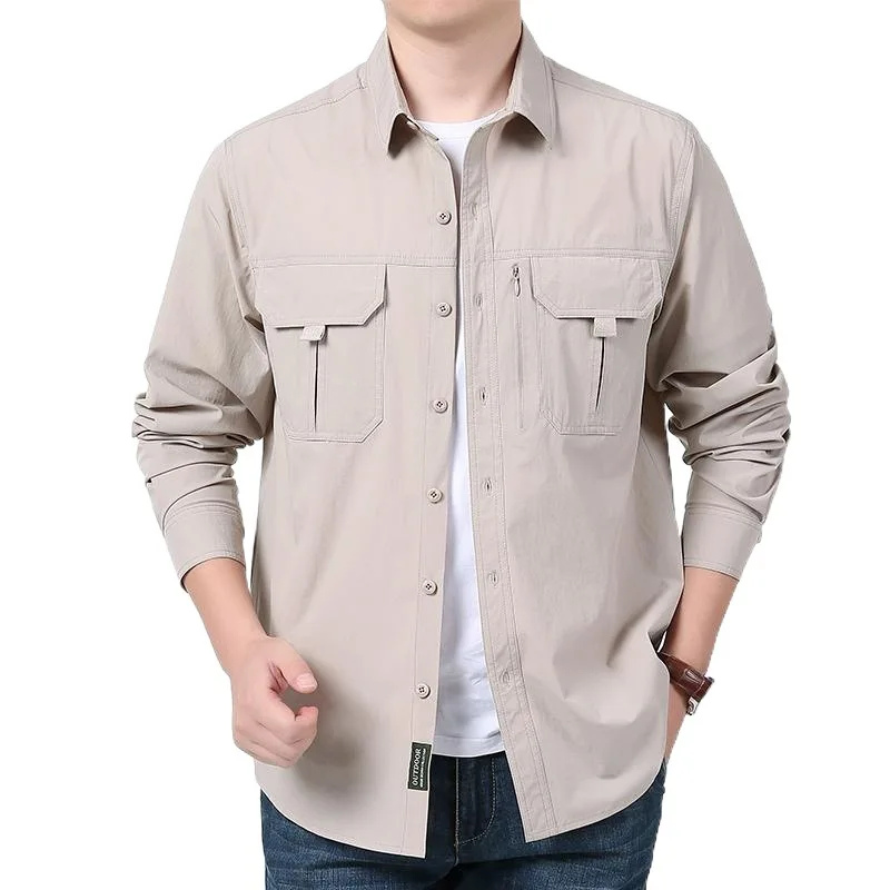 

Мужская повседневная рубашка для активного отдыха с большими карманами, быстросохнущая, эластичная, рабочая одежда, новая модель, водонепроницаемая, грязеотталкивающая, тонкая, весна-лето