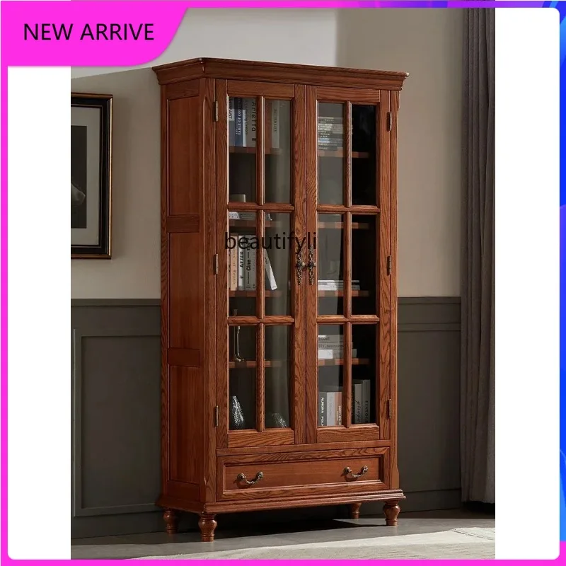 A4567 HHigh-end American all-solid wood bookcase with glass ash wood log bookshelf floor-to-ceiling storage display cabinet