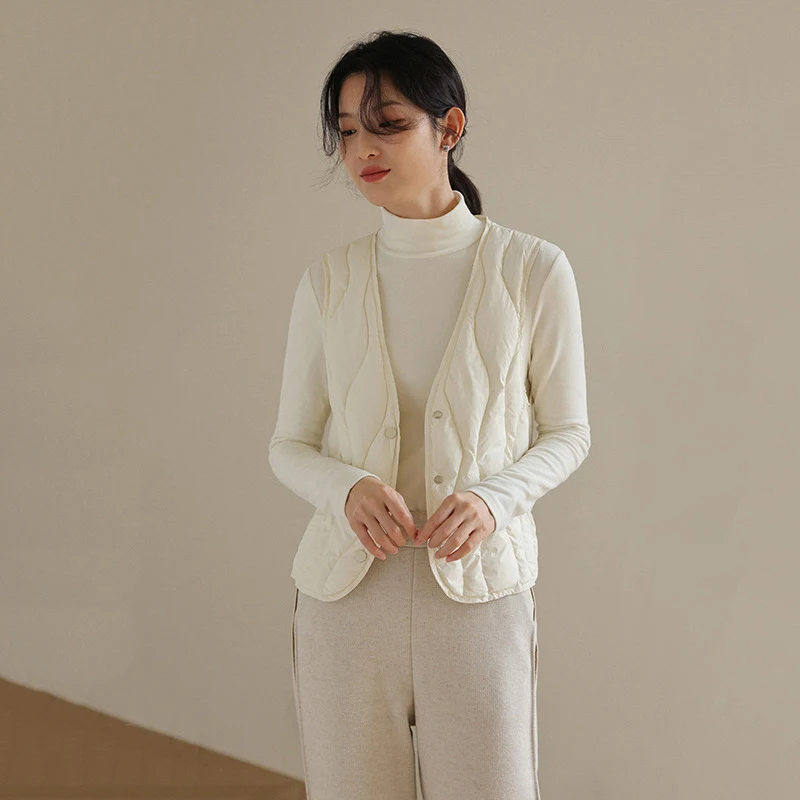 Schinteon النساء خفيفة الأبيض بطة أسفل سترة بلا أكمام سترة الخامس الرقبة طوق الخريف الشتاء داخل بطانة قصيرة بلوزة 2023 جديد