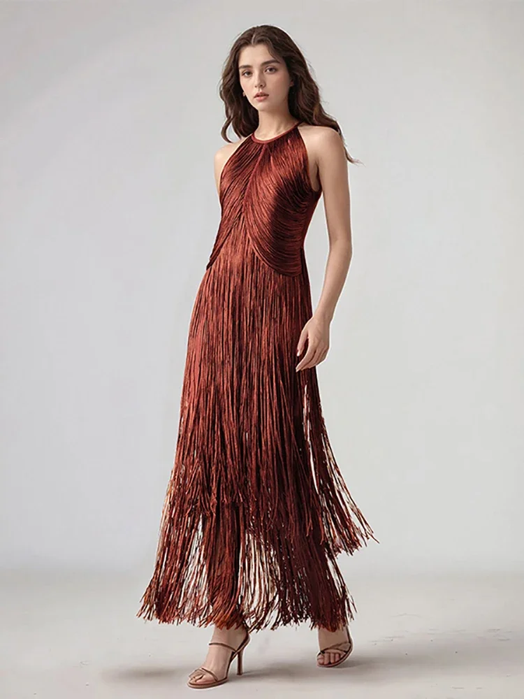 

Сексуальное длинное платье с лямкой на шее и кисточками, женское платье без рукавов с открытой спиной и бахромой, тонкие платья, вечерние коктейльные платья