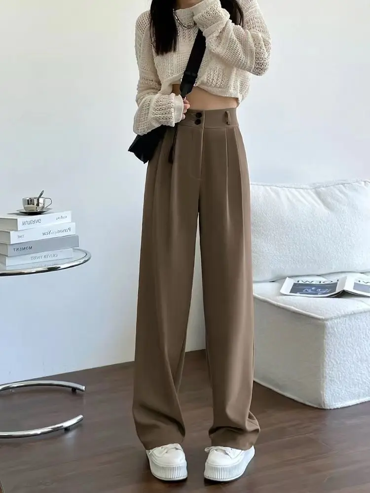 

Women 2023 New Spring Autumn Korean Office Lady Solid Loose Long Trousers Fashion Casual High Waist Wide Leg Pants Tops X44