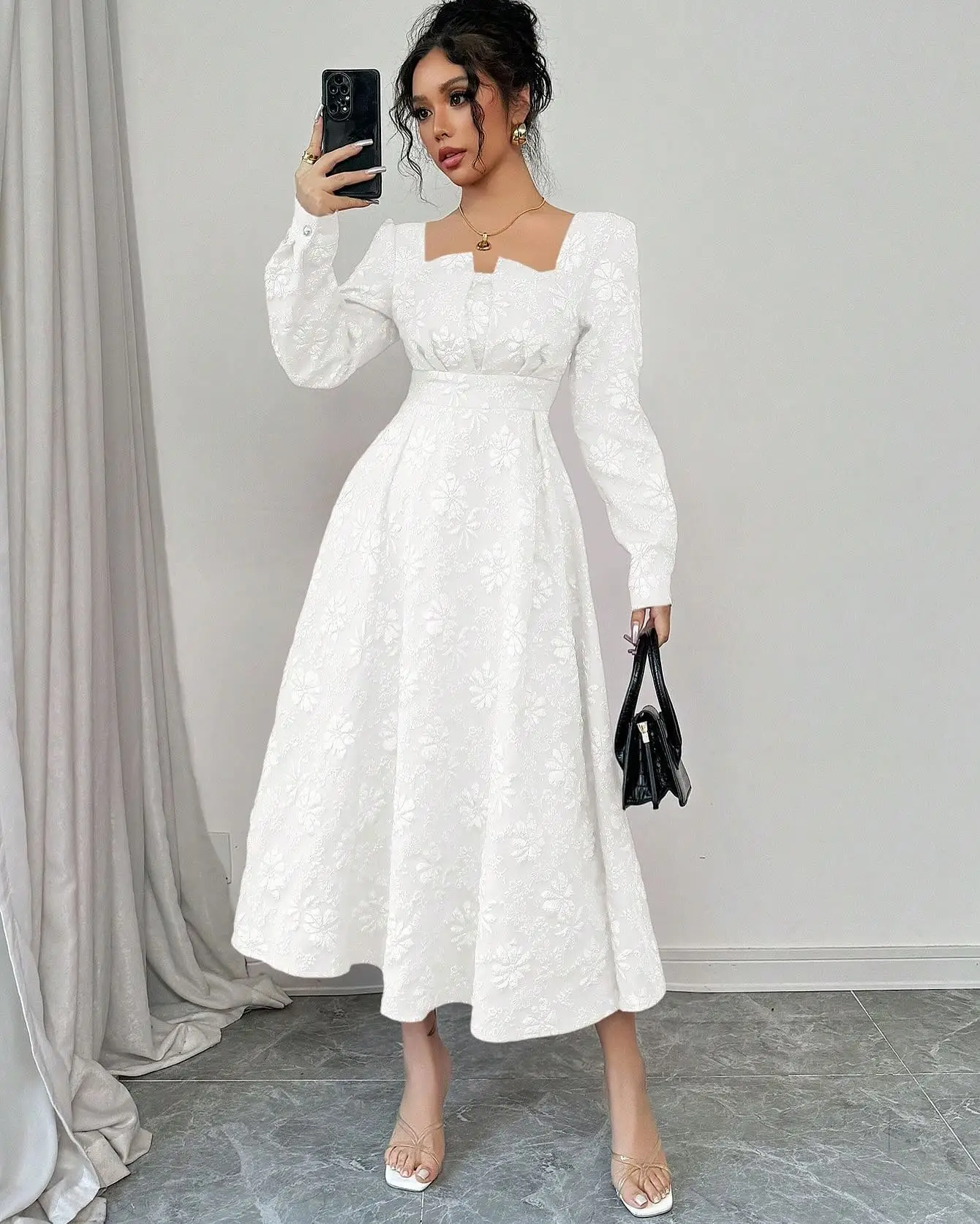 

Customized Temperament Square Collar Long Sleeves Evening Dresses Graceful Jersey Pleats White Vestido De Festa Vestido De Noche