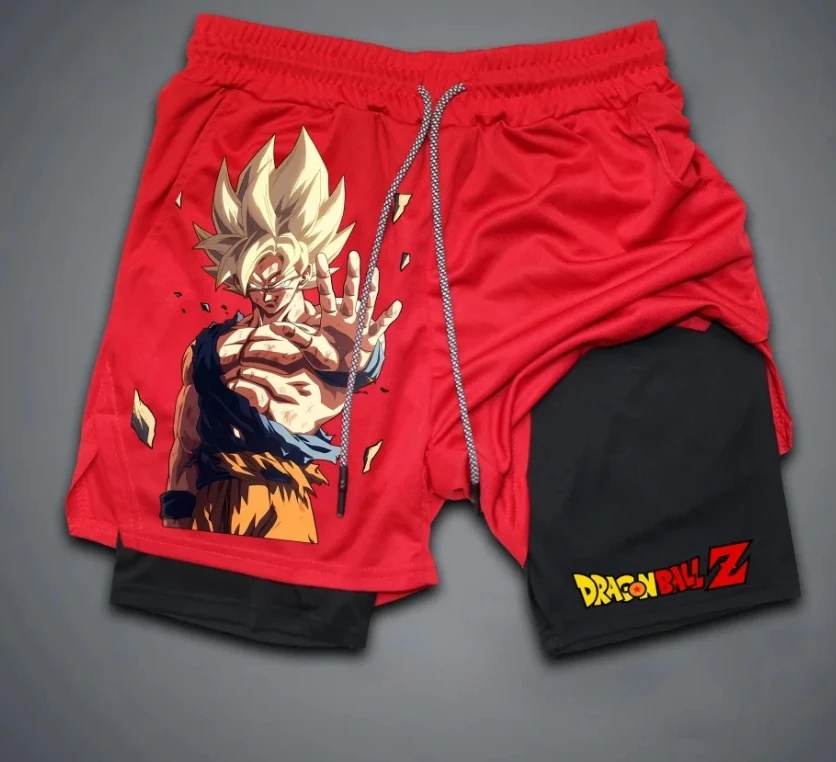 شورت رجالي بطبعة Dragon Ball - تصميم مكون من قطعتين، رباط مطاطي، جيب للعملات المعدنية، حلقة منشفة، جيوب مائلة، بطانة معززة