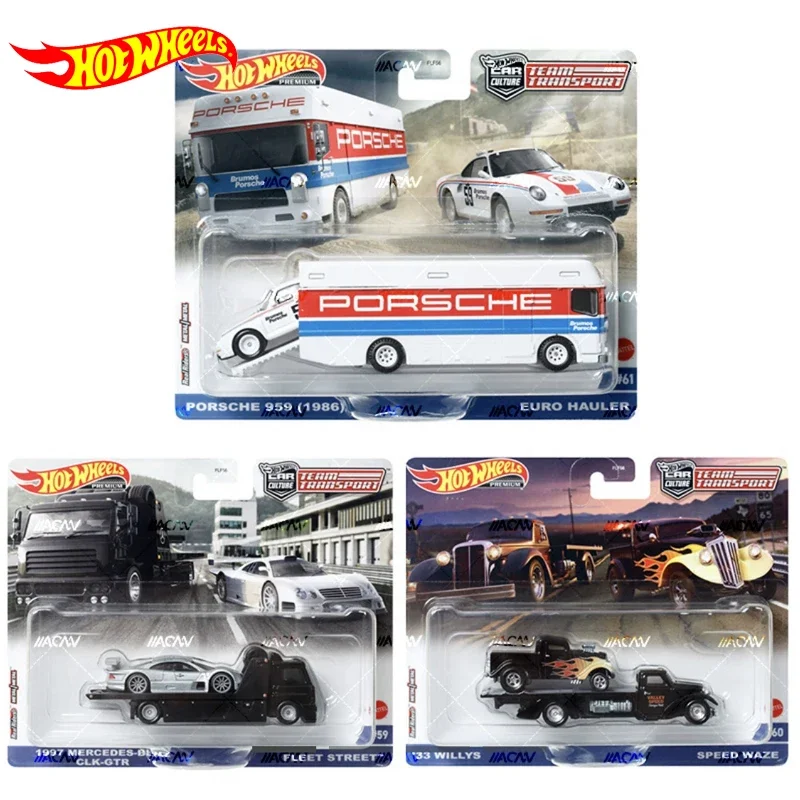 Original Hot Wheels Premium Car Culture Team Transport Toys for Boys 1/64 Diecast Porsche 959 Euro Hauler Willys Speed Waze Gift