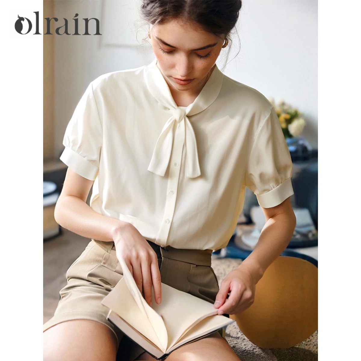 

OLrain Women Elegant Blouses Beige French Fashion Style Streamer Shirts Summer 2025 New Niche Chic Age-reducing Shirt O57XC98363