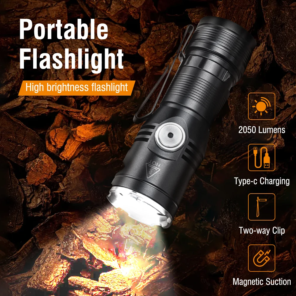 BORUiT Tiki Work LED Flashlight Built-in Battery USB-C Rechargeable Lamp Waterproof Fishing Torch Camping Hunting Head Lamp