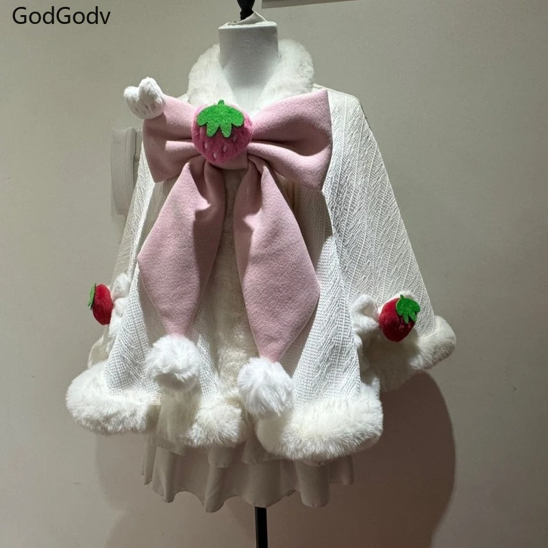 

2025 Winter Japanese Lolita Cape Coat Y2k Woolen Bow Design Windbreaker Sweet Kawaii Chic Christmas Warm Outwears Woman Clothes