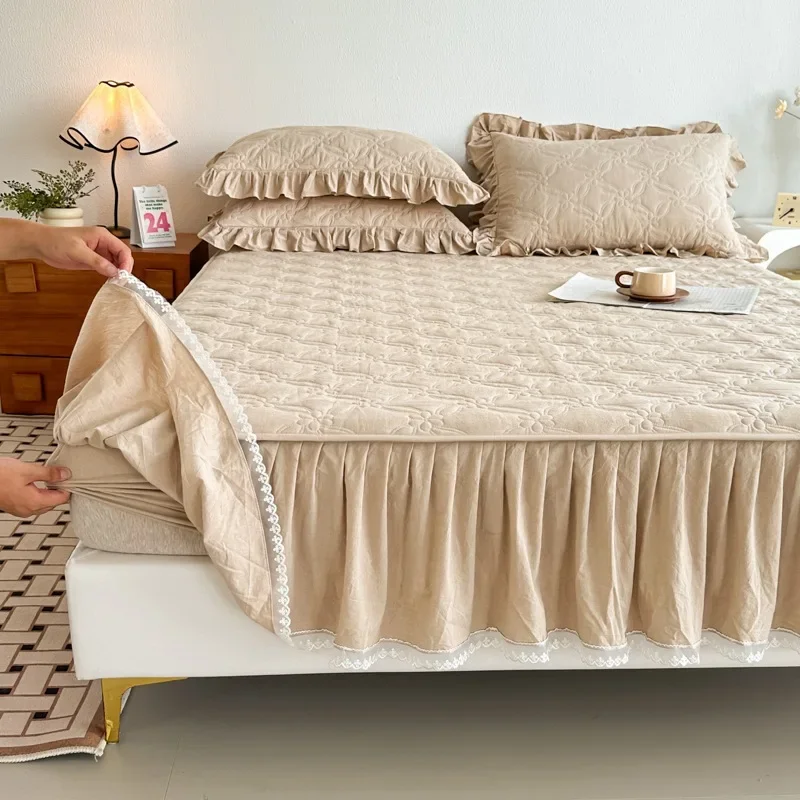 2024 new yarn-dyed washed cotton mattress type bed skirt padded cotton pure cotton lace mattress universal in all seasons