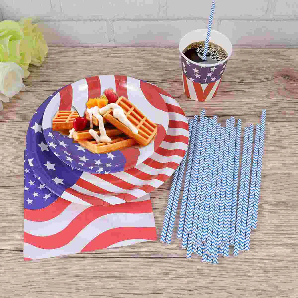 

69pcs American Flag Paper Plate Water Cup Napkin Straw Party Set for Independence Day Birthday Festival Party Banquet