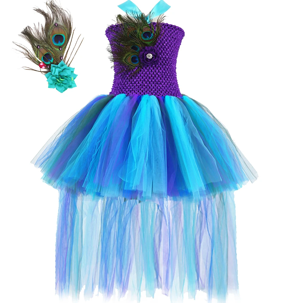 High Low Peacock Feathers Dresses for Girls Birthday Christmas Trailing Costumes for Kids Pageant Carnival Tutus with Long Trail