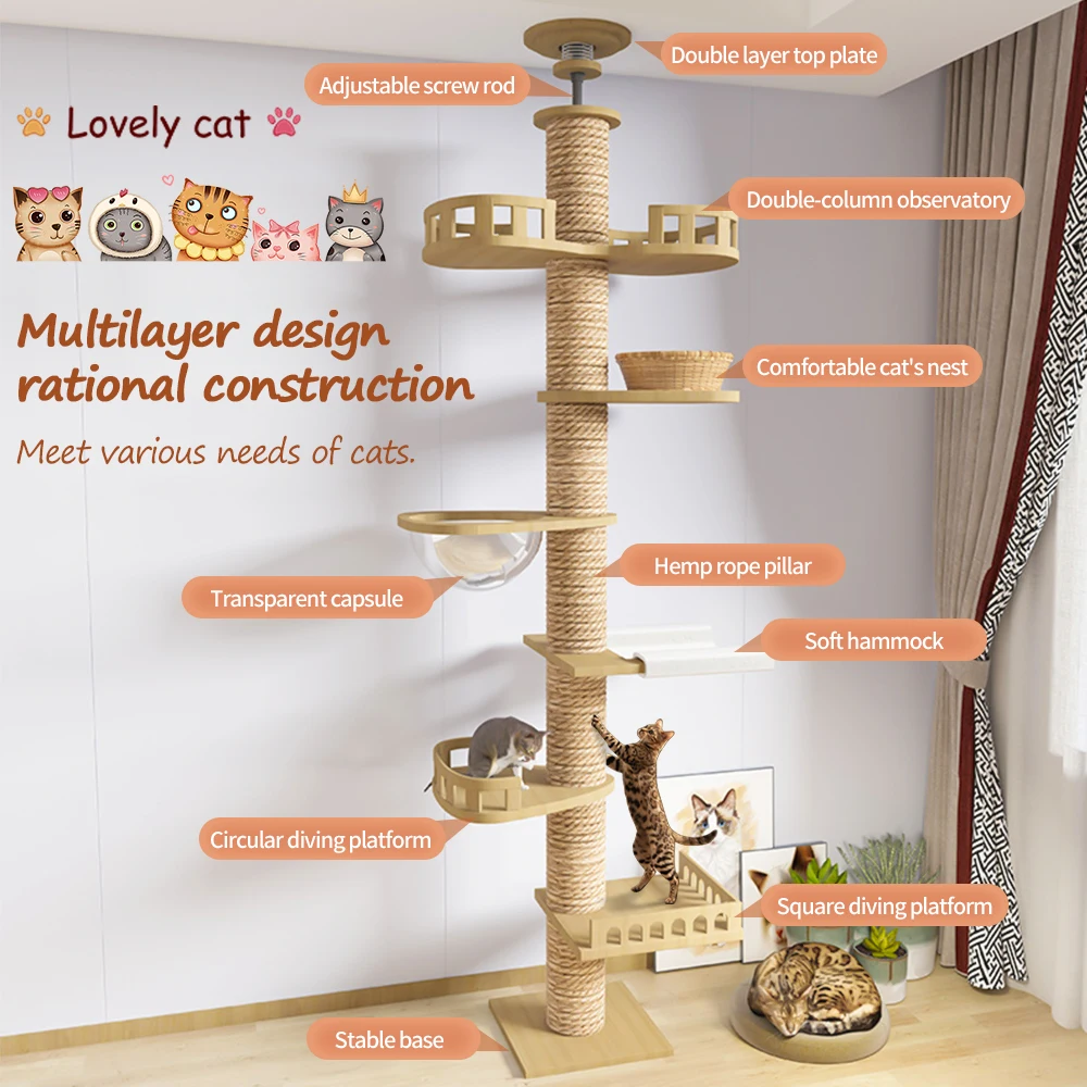 Cat Tree Floor to Ceiling Cat Tower with Adjustable Height Multi-Level Condo with Scratching Post Hammock Pet Activity Center