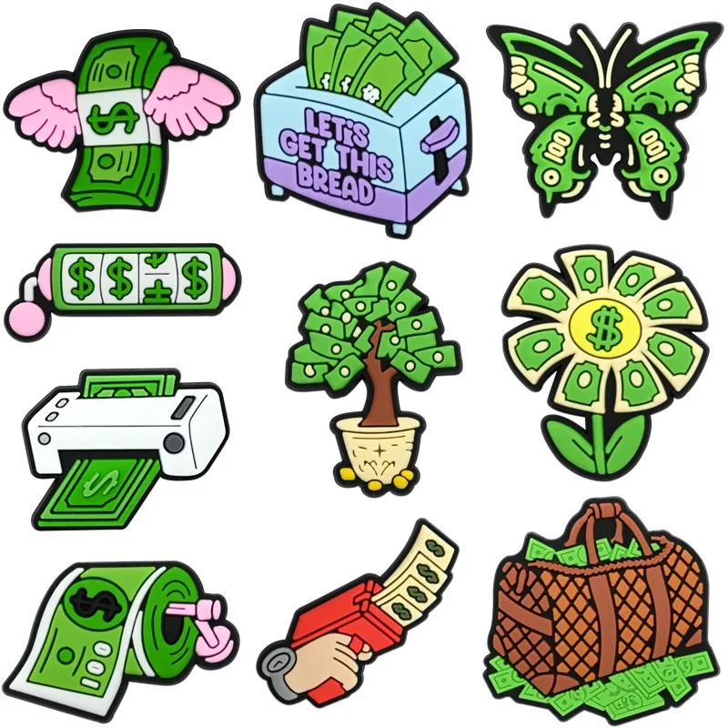 10-100pcs Get Rich Dollars Shoe Buckle Accessories PVC DIY Sandal Shoes Charms Clogs Pins Decor Kids Man Party Gift