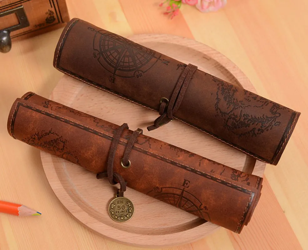 Vintage Retro Treasure Map Pencil Cases Luxury Roll Leather PU Pen Bag Pouch for Stationery School Supplies Make Up Cosmetic Bag