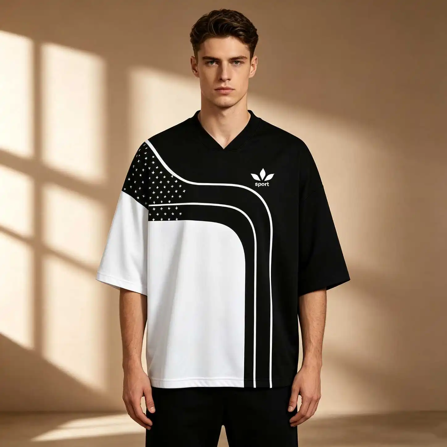 Summer Sporty Men Black White Color Block Logo Print Oversize V Neck Elbow Sleeve Tee, Casual Streetwear Loose Tops
