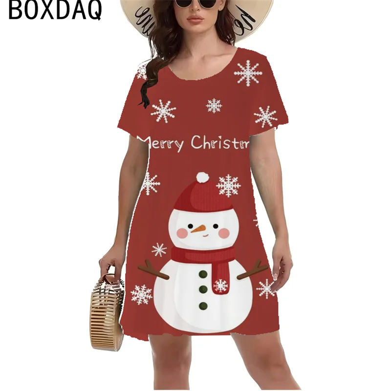 Fun Santa Claus Print Dress Women New Year Party Mini Dress Big Size O-Neck Short Sleeve Casual A-Line Dress Vestidos De Mujer