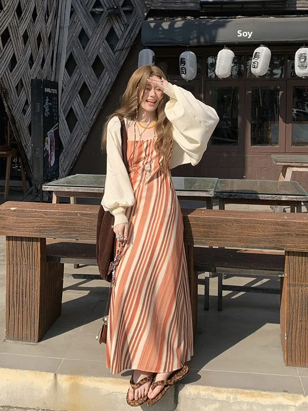 

plus Size Slim Fit Dress And Cardigan Set Spring Summer New Vintage Diagonal Stripe Long Sleeve Open Cardigan Top for plus Si...