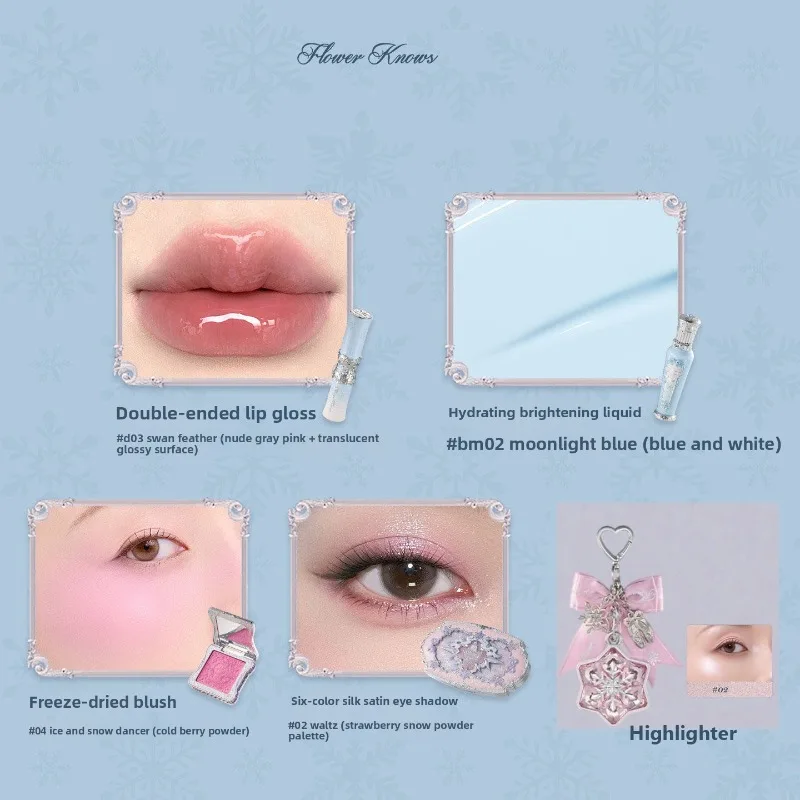 Flower Knows Snow Ballet Complete Makeup Set Lip Glaze,Snow Blush,Shimmer Eyeshadow Palette Setting Powder Eye Liner All-in-One