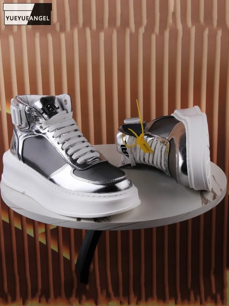 Mens Spliced Genuine Leather High Top Shoes Lace Up Round Toe Breathable Spring Autumn Design Thick Bottom Casual Male Sneakers
