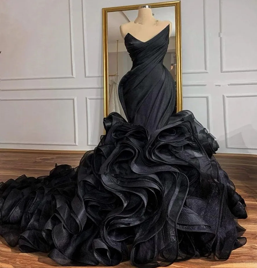 Novo preto sereia vestidos de casamento gótico espartilho volta em cascata babados trem organza princesa vestidos de noiva de noiva