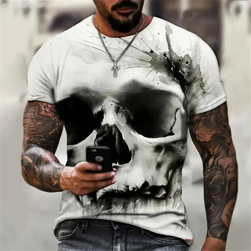 Schwarzer Schädel T-Shirt Männer Punk Skelett T-Shirt Rock Gun blau T-Shirts 3D-Druck T-Shirt Vintage Gothic Herren Kleidung Sommer Tops