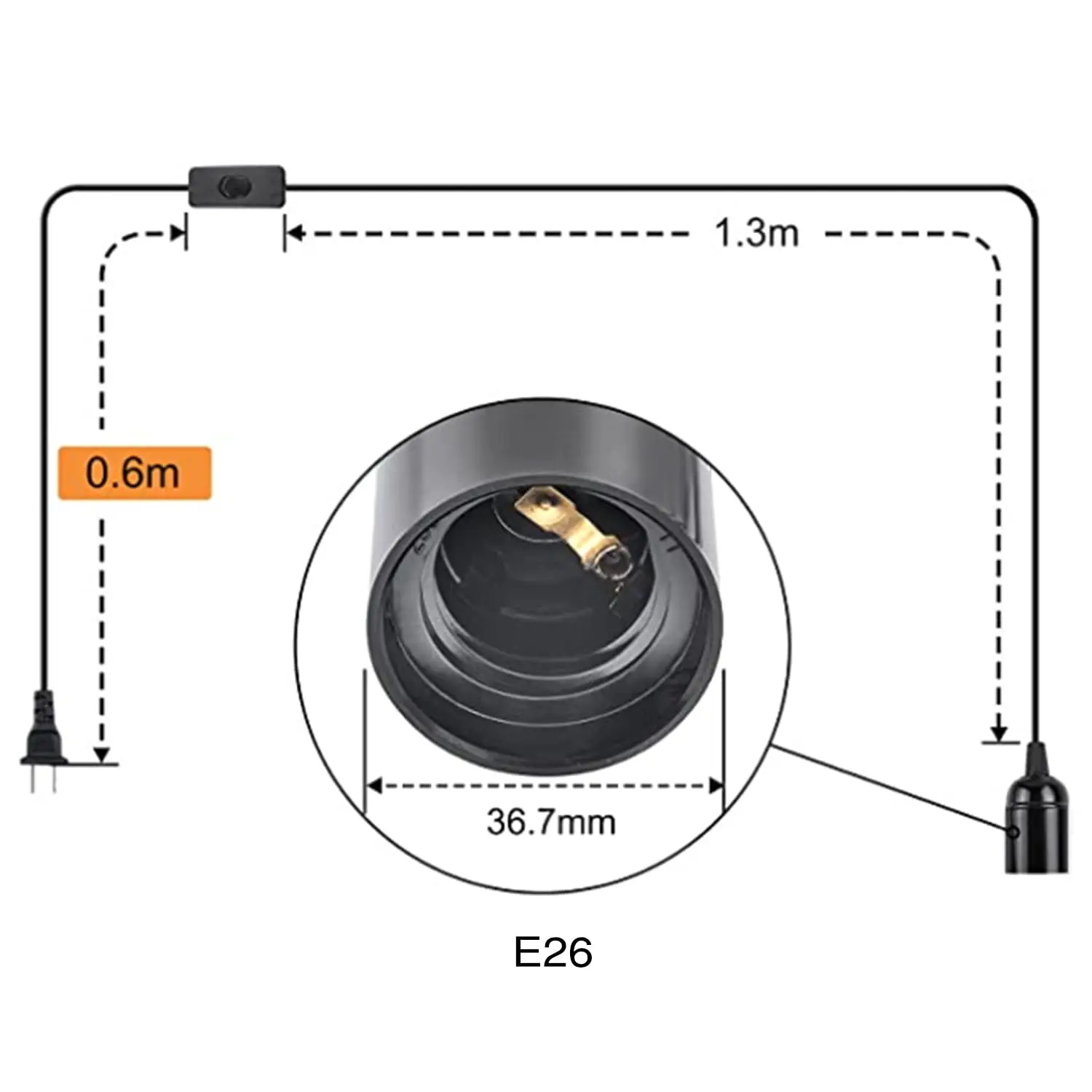 Socket with power cord, E26 Light bulb socket, Japanese standard socket, hanging including switch, 6.6 ft 2m Black Fashionable