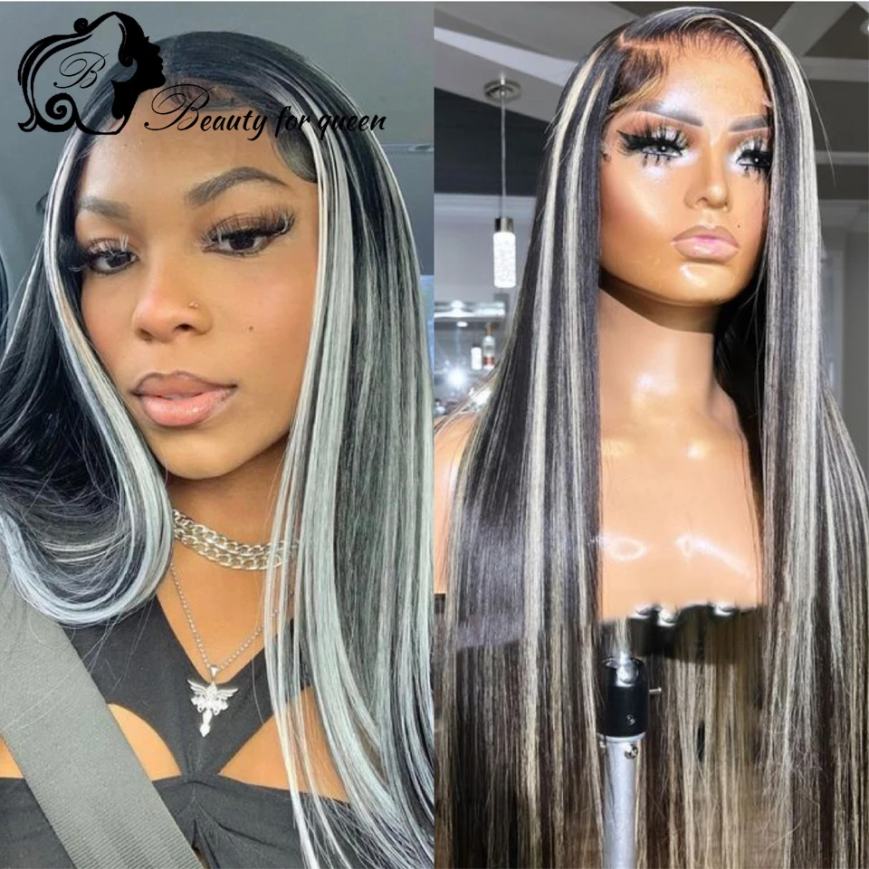 Transparent 13x4 HD Lace Frontal Wigs Brazilian Colored Human Hair Wig Ombre White Black Long Straight High Quality For Women view 3