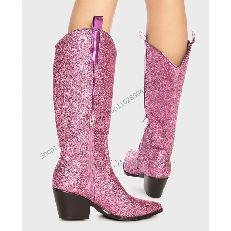 Pink Sequins Decor Giltter Pointed Toe Boots Side Zipper Women Shoes Strange Style Heels Novel Runway 2023 Zapatos Para Mujere