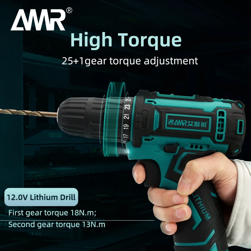 AMR 12V Cordless Drill 3/8 Inch Power Drill Set with Lithium Ion Battery and Charger 25+1 Torque Setting