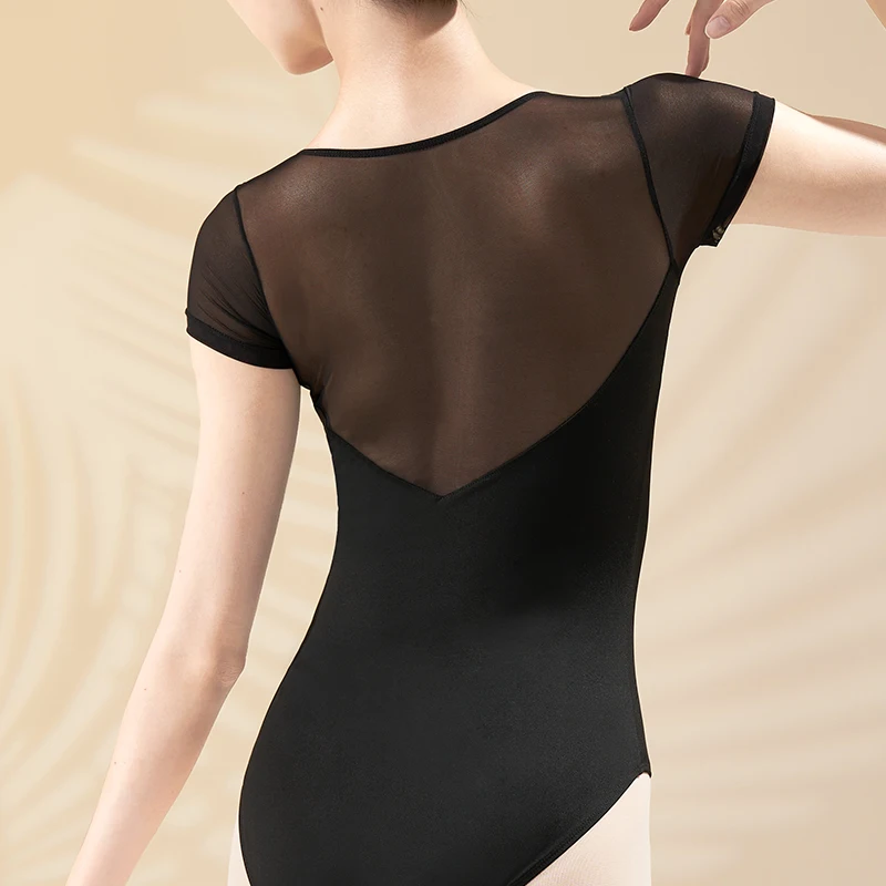 Ballet Leotards for Women Gymnastics Leotards Nylon Mesh Splice Pleated Dance Leotards Short Sleeves Ballet Bodysuit Adult