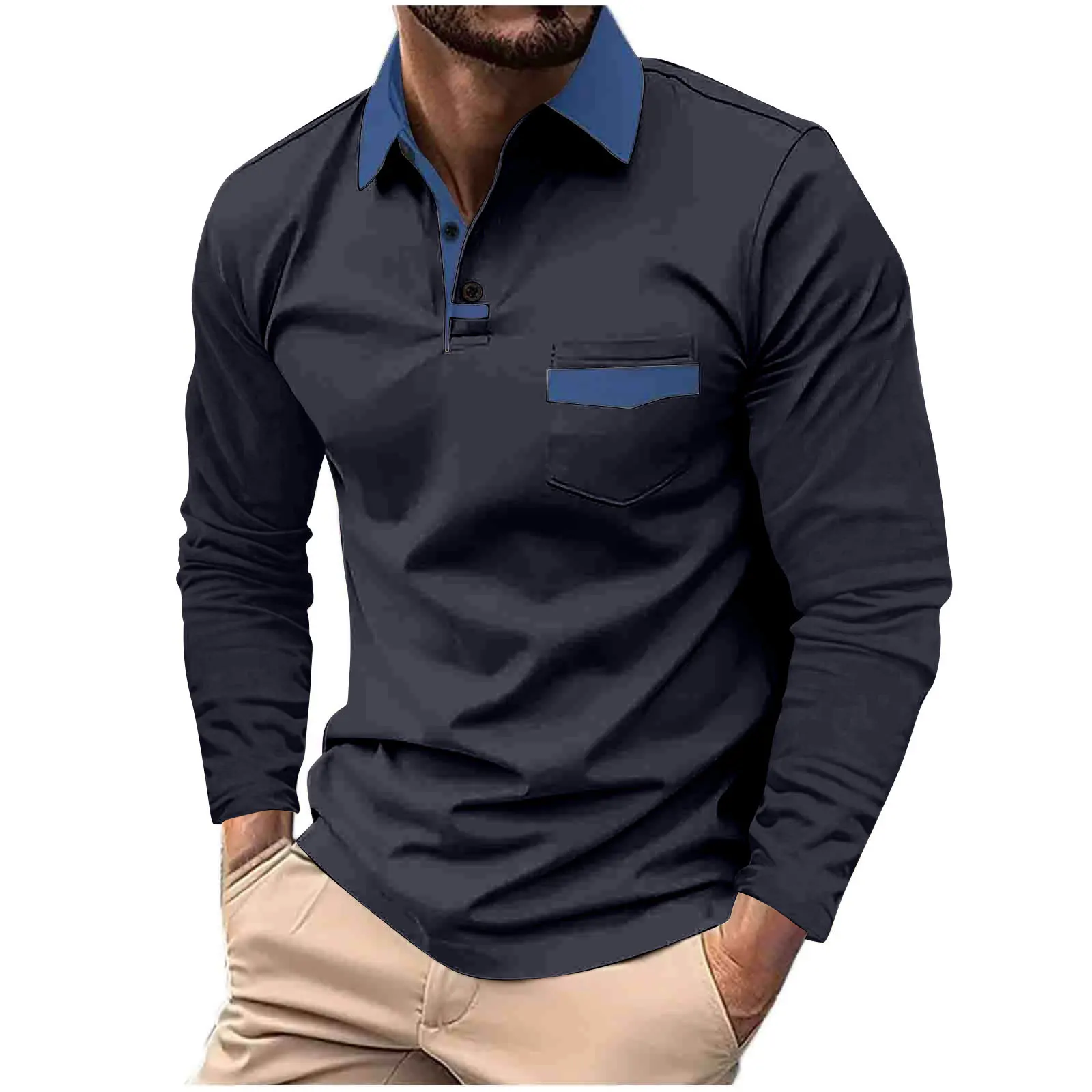 Autunno uomo nuovo sport poro camicia manica lunga in fibra di poliestere traspirante risvolto colore abbinato blazer