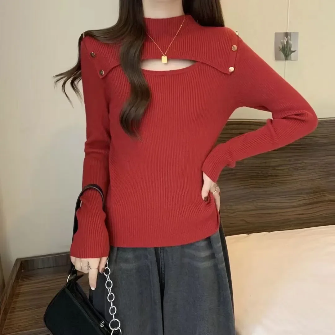 Design Sweater Women's 2025 Winter New Fashion Casual Semi-turtleneck Hollow Thin Velvet Slim Slim Top