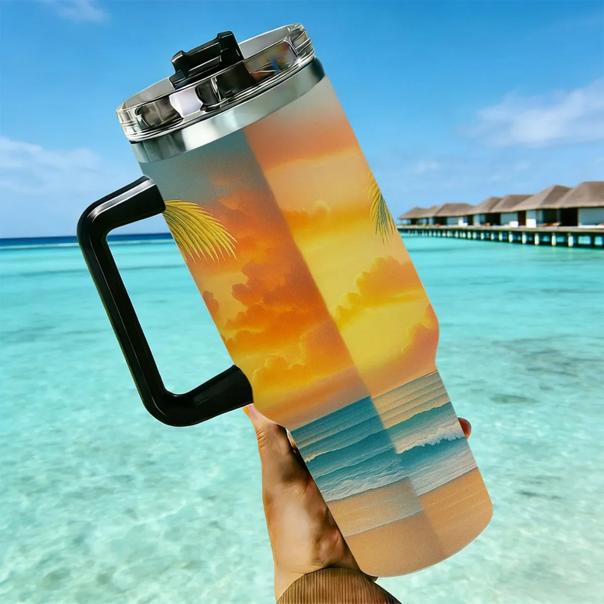40oz Tumbler with Handle Tropical Beach Palm Tree Hibiscus Print Insulated Cup, Other colors sold out, random black or white shipment for other color orders