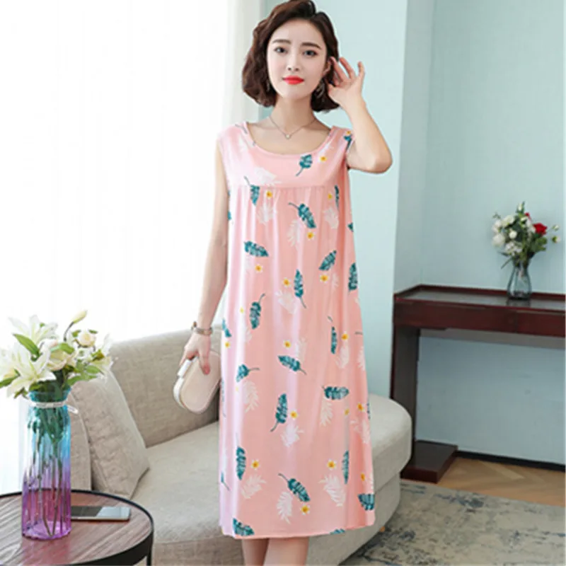 UHYTGF WomenSummer Nightdress Sleeveless Pullover Printed Cotton Silk Dress Female Middle-Aged Elderly Home Clothes Pajamas 2391