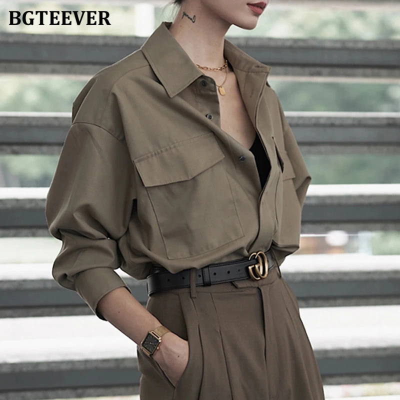 BGTEEVER Vintage Loose Single-breasted Female Shirts Spring Summer Lapel Full Sleeve Pockets Stylish Women Blouses Tops