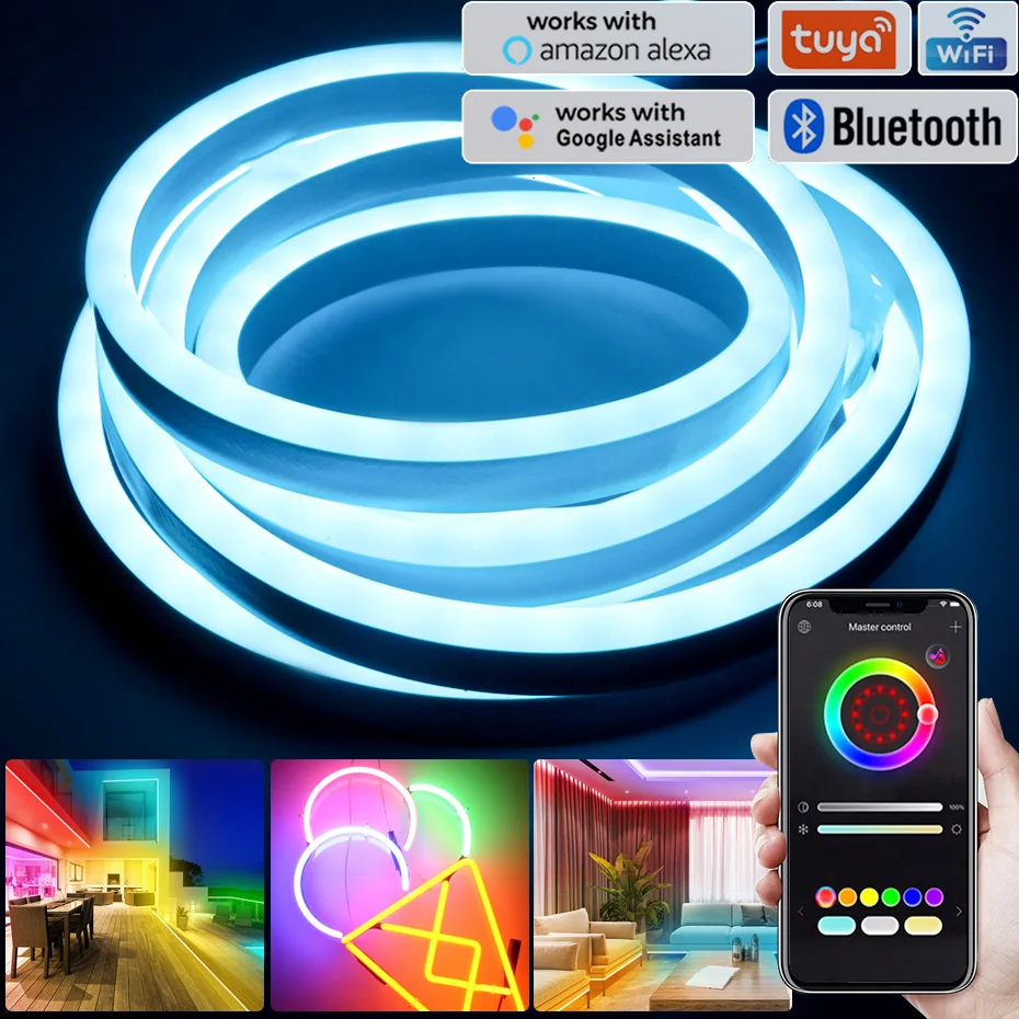 EU 220V LED Neon Strip RGB Rope Light IP67 Waterproof Tuya Smart  Flexible Tape Neon Sign Lamp 5050 SMD Remote/ Bluetooth /WiFi