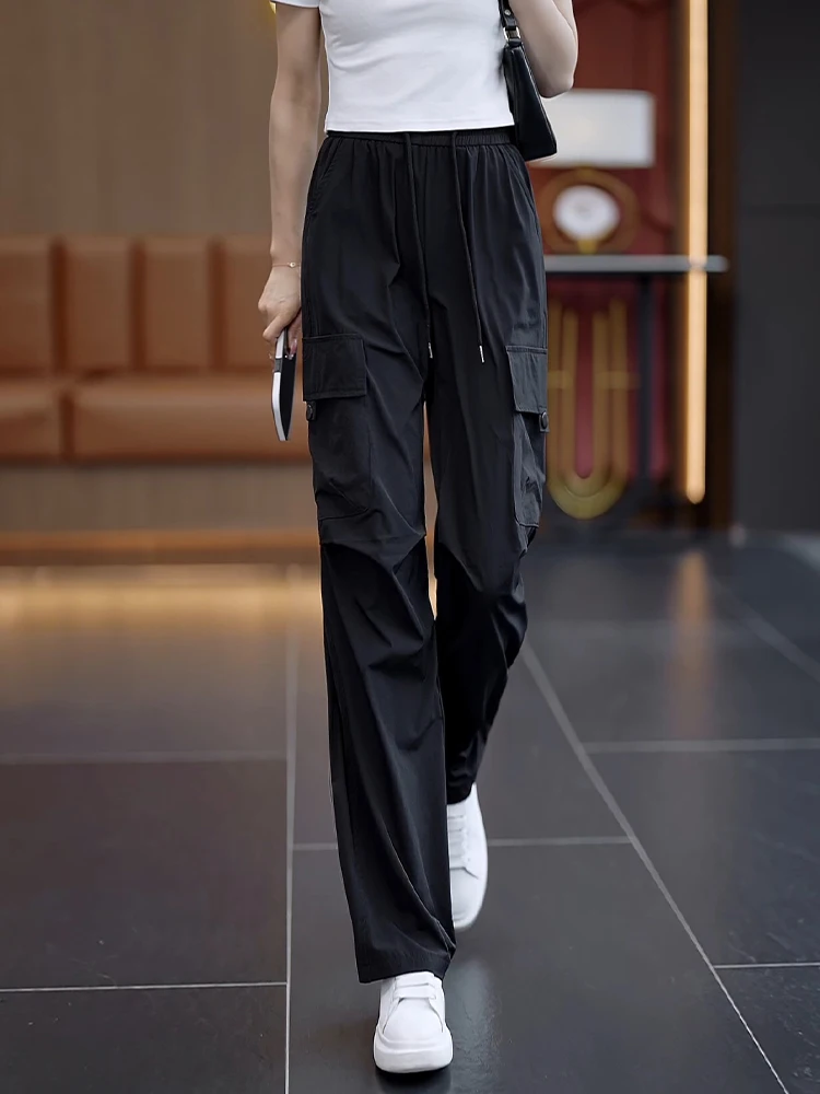 

American Style Women's Summer Thin Ice Silk Quick Dry Pants High Waist Loose Casual Straight Leg Sports Trousers Workwear