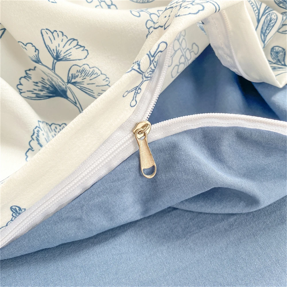 Imagem -04 - Conjunto de Cama de Algodão Confortável para Crianças e Adultos Capa de Edredão Floral Azul Planta e Flor Têxteis Domésticos Fronha Algodão Lavado