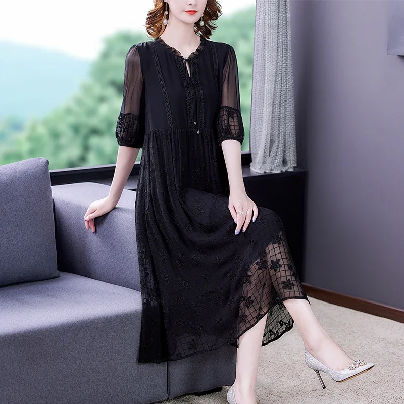 

Vinatge 5XL Plus Size Dresses Black Mulberry Silk Embroidery Loose Midi Dress Summer Women Elegant Bodycon Party Vestidos CY225