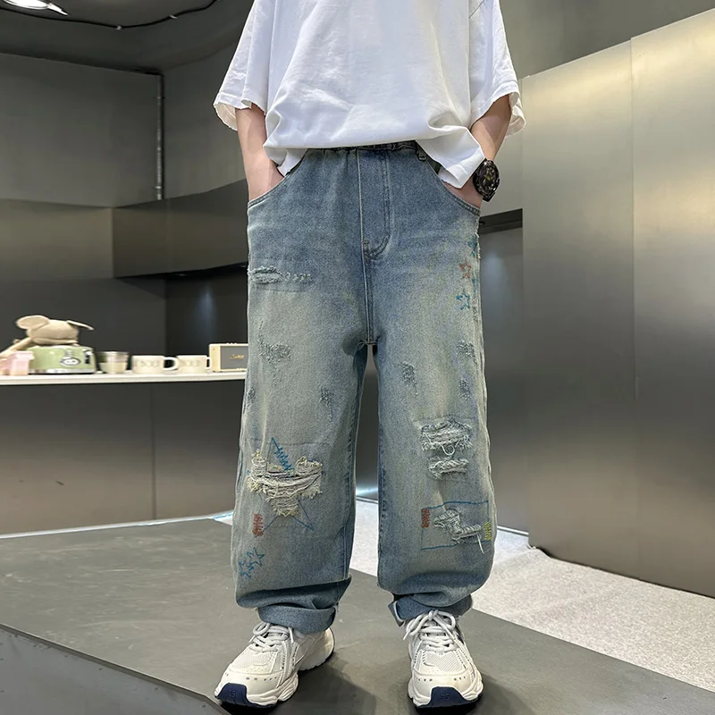 Luxury Boys Baggy Jeans with Star Print Kids High Quality Destroyed Denim Pants Fashion Child Casual Ripped Jeans Trousers 5-14T