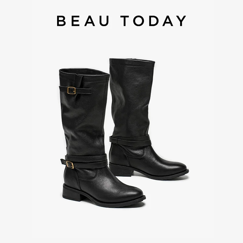 BEAUTODAY Long Boots Women Sheepskin Leather Round Toe Double Buckle Strap Vintage Knight Boots Ladies Shoes Handmade 01707 view 3
