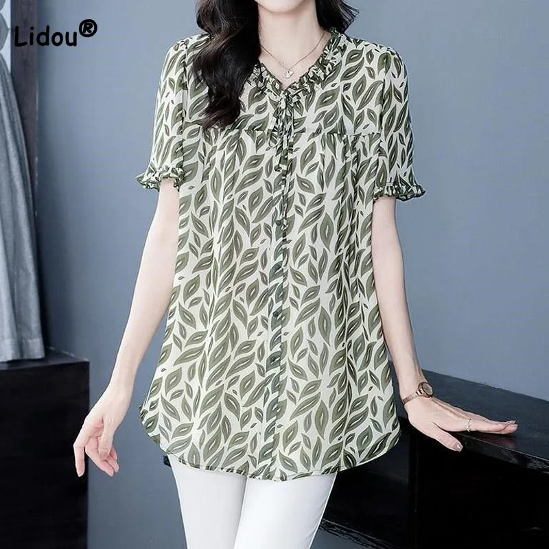 Women\'s Clothing Fashion Casual Printed Chiffon T-shirt Summer Commute Trendy Short Sleeve Loose V-Neck Midi Tops for Female