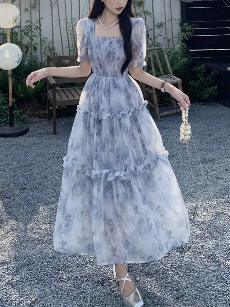 Falda Larga de Gasa con Estampado Floral Vintage para Mujer, Diseño de Verano, Estilo Burbuja de Alta Gama, Corte en A