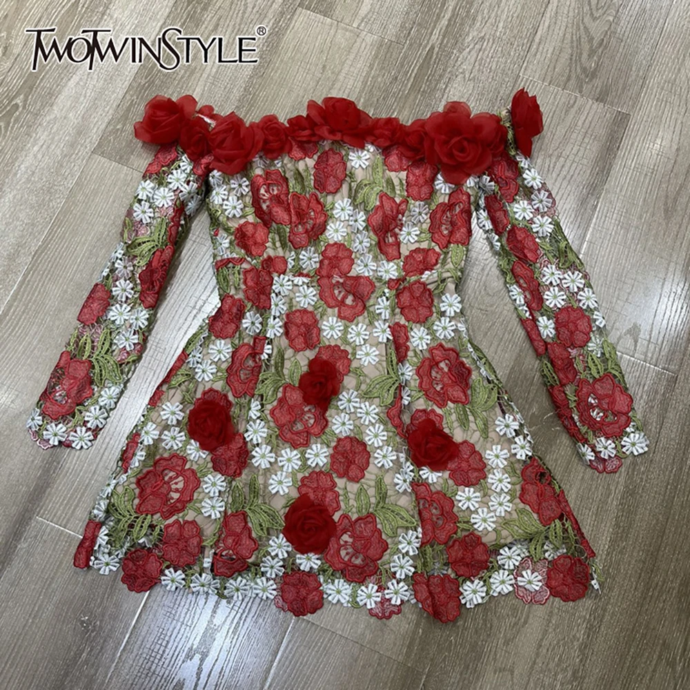 

TWOTWINSTYLE Sexy Spliced Appliques Dresses For Women Slash Neck Off The Shoulder Sleeve High Waist Chic Dress Female KDR537682